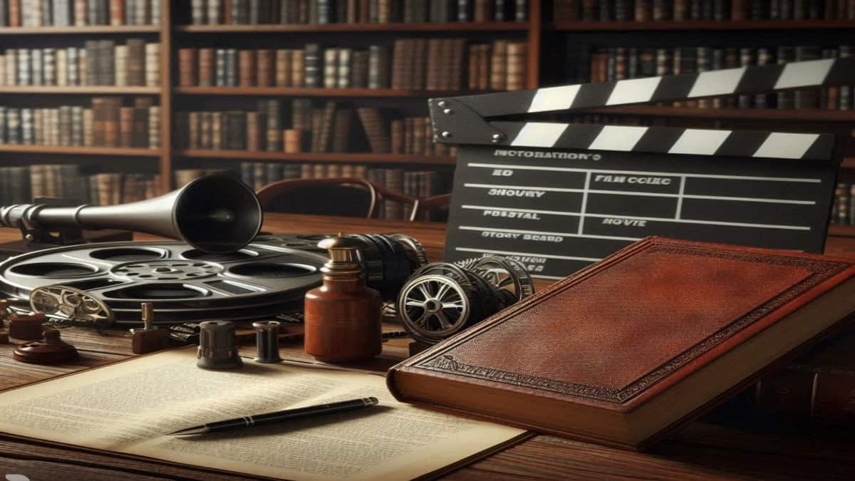 Film reel and classic book on a cinematic background | guide to reads