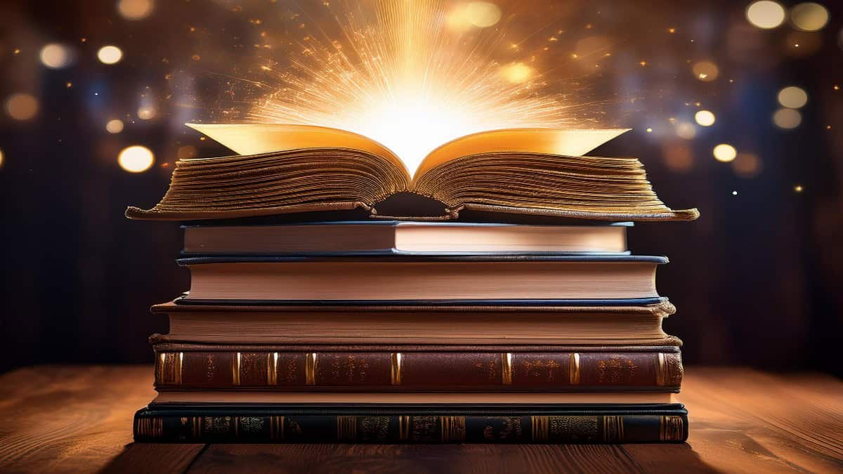 A stack of books with a glowing light shining on the top book symbolizing enligh | guide to reads